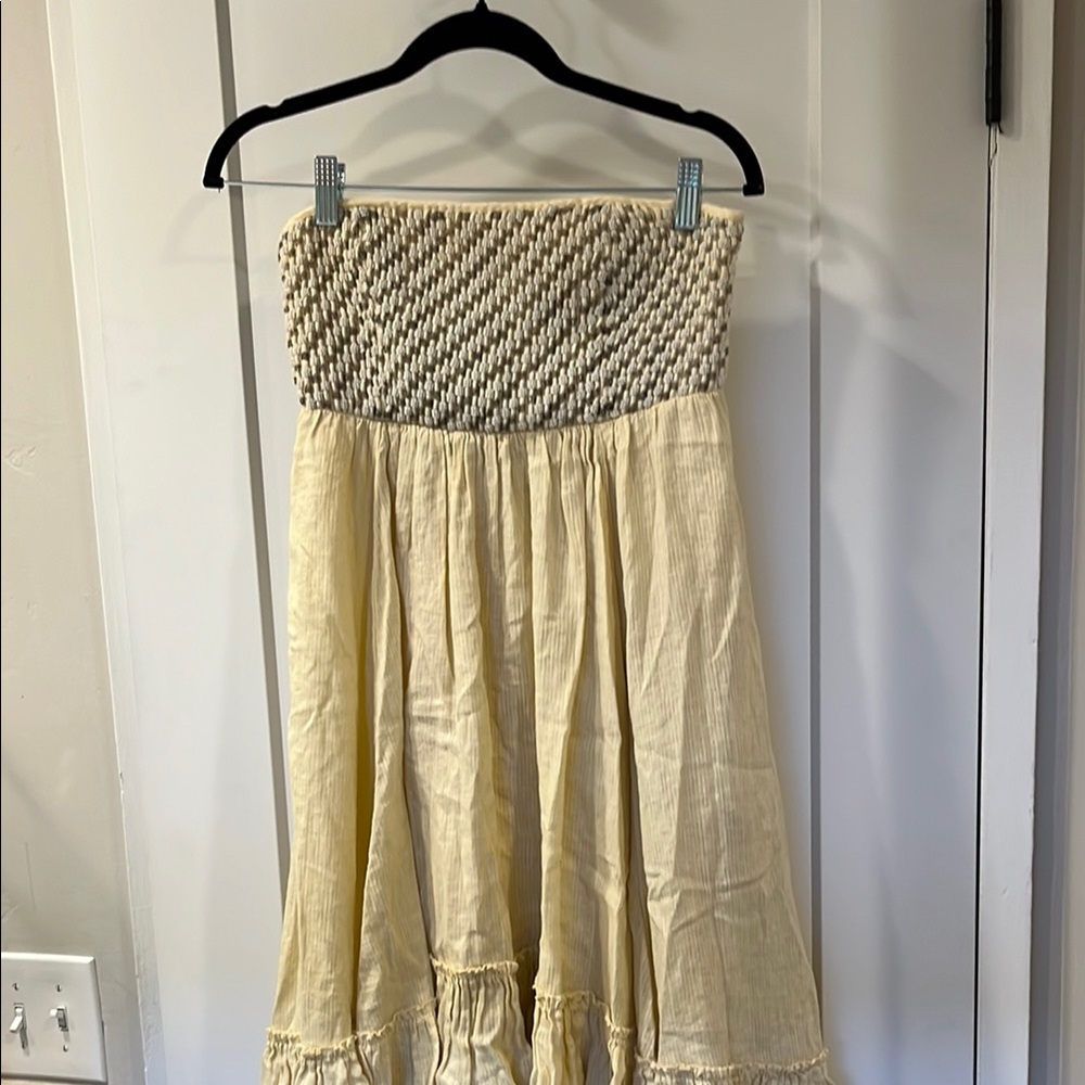 Free People Cream A-Line Midi Dress with Smocked Tiered Design